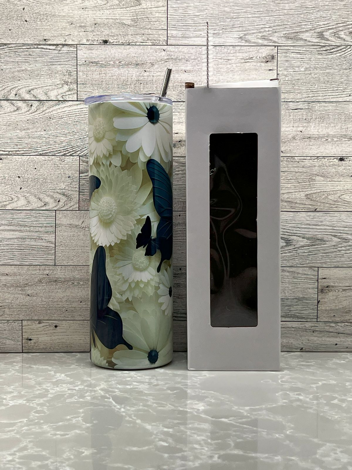 30oz Stainless Steel Tumbler "Black & White Butterfly"