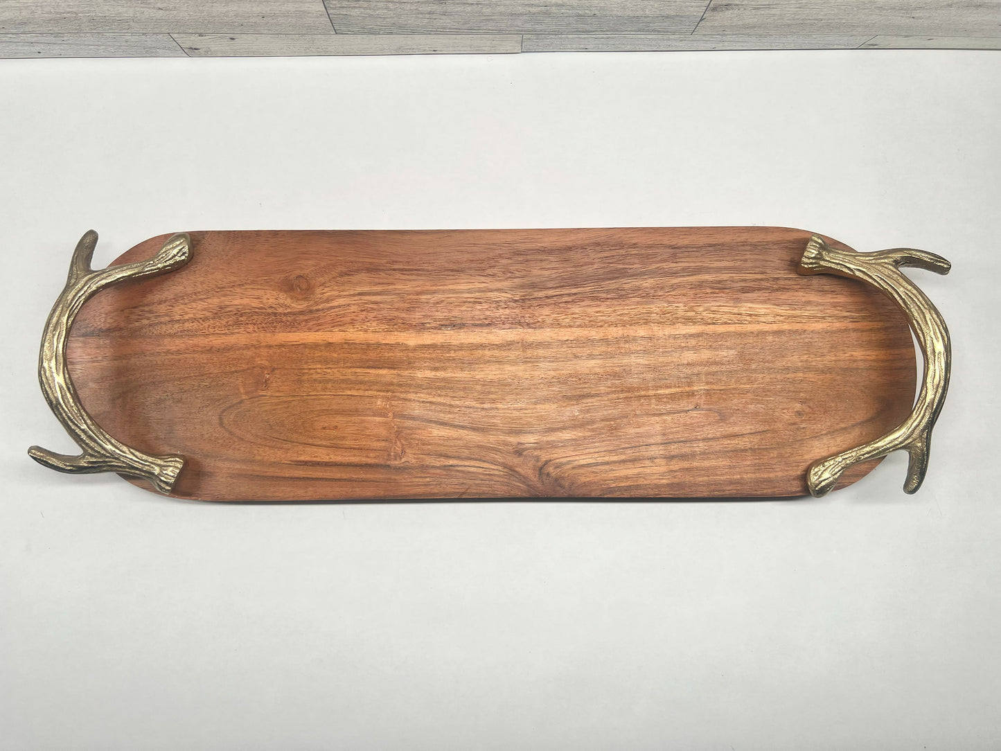 Rustic Acacia Wood Serving Tray with Antler Handles