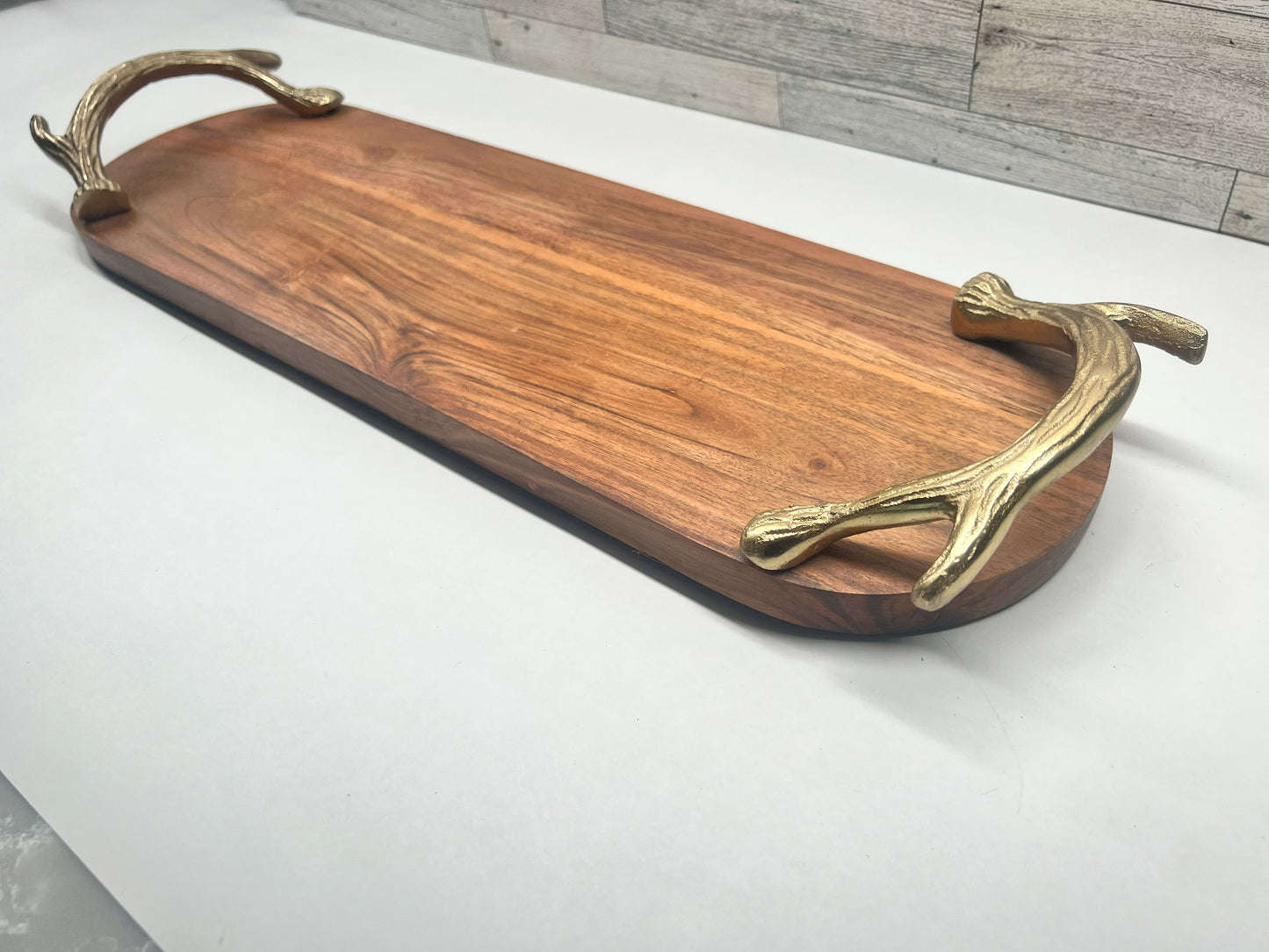 Rustic Acacia Wood Serving Tray with Antler Handles