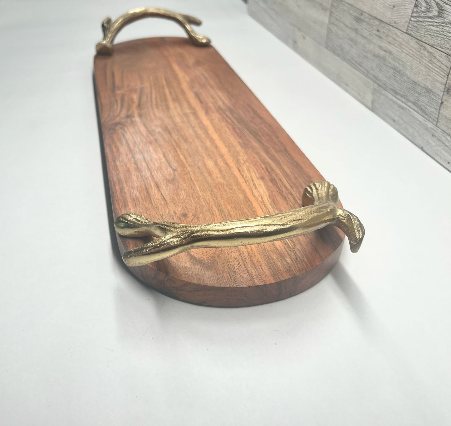 Rustic Acacia Wood Serving Tray with Antler Handles