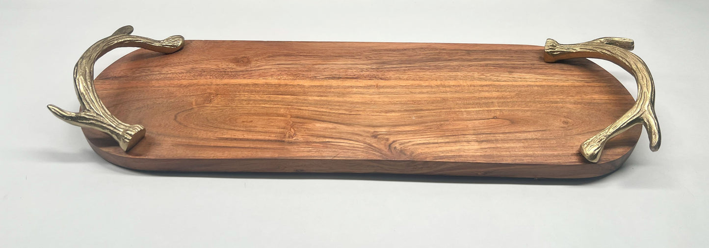 Rustic Acacia Wood Serving Tray with Antler Handles