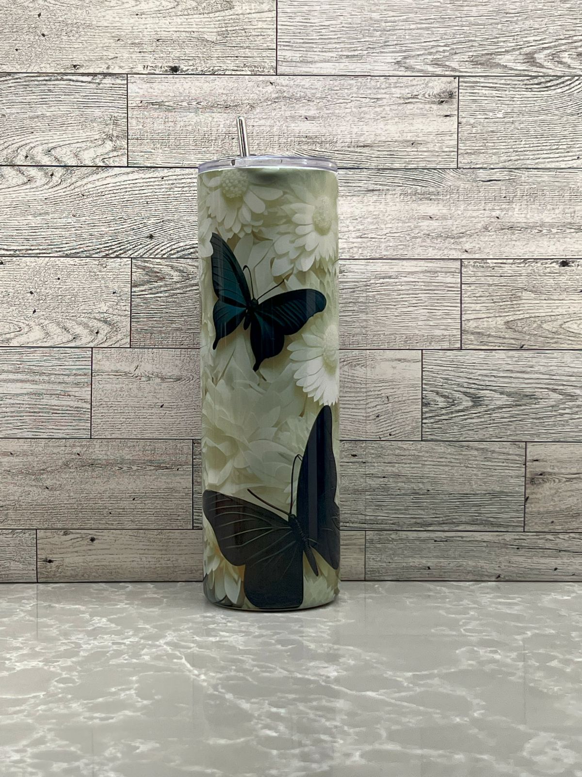 30oz Stainless Steel Tumbler "Black & White Butterfly"
